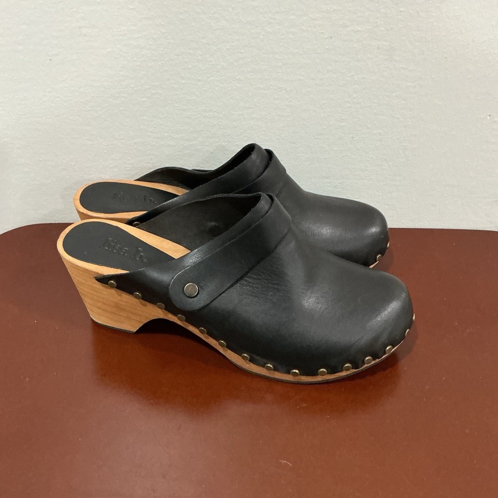 LISA B Black Leather Clog Mules with Wood Heel Boho Rivets Size EU 39 - 8.5 - Picture 2 of 7